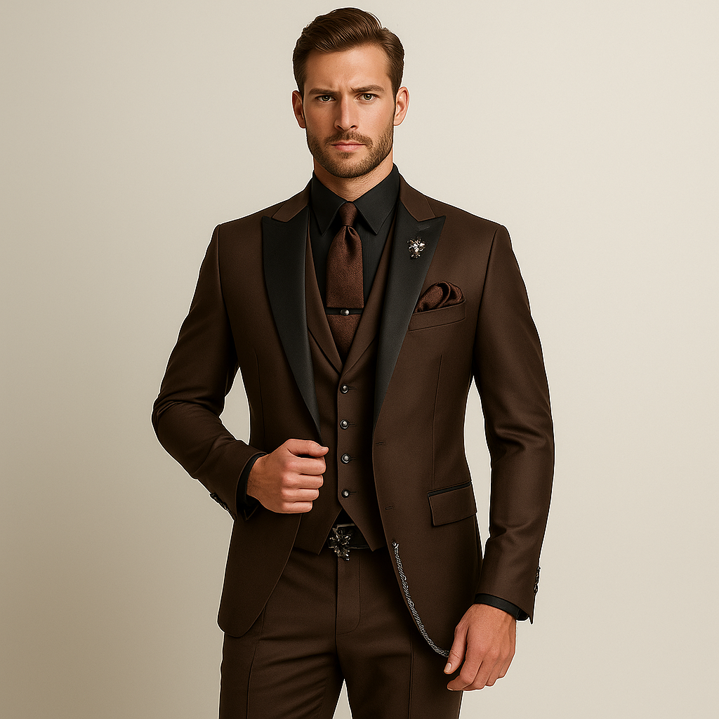 Men formal three-piece suit black peak lapels