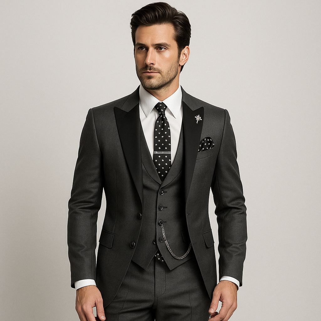 Men formal three-piece suit black peak lapels