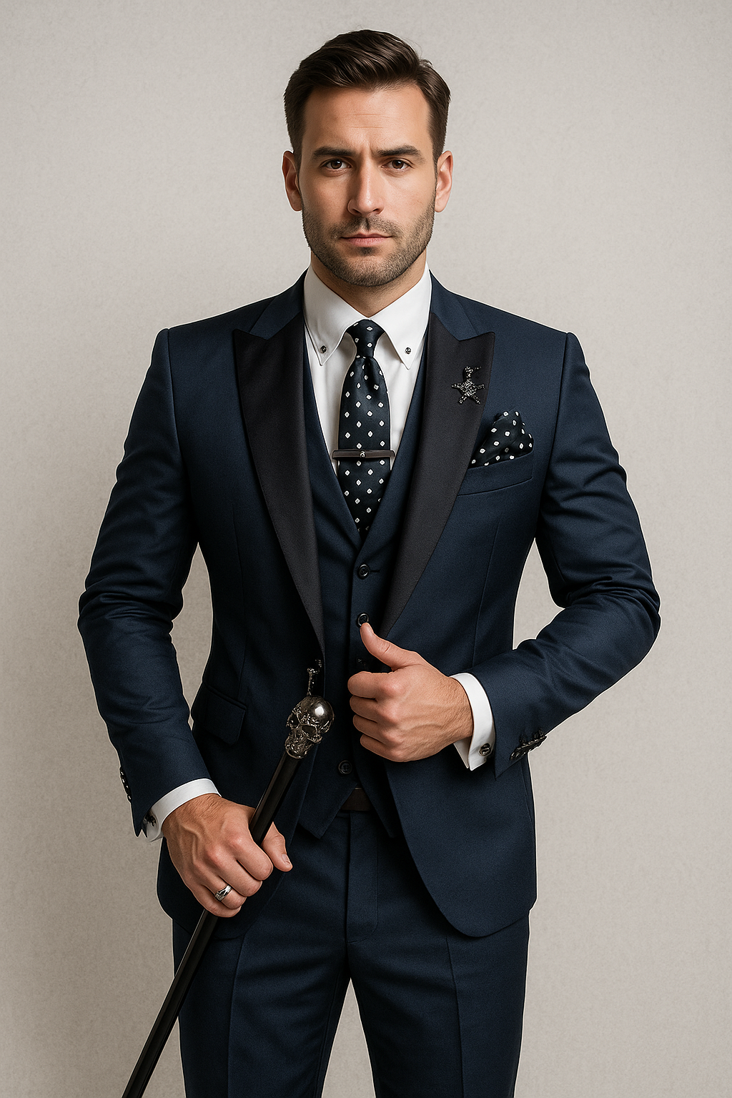 Men formal three-piece suit black peak lapels