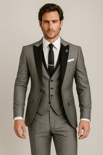 Men formal three-piece suit black peak lapels