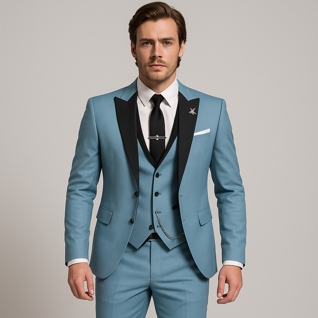 Men formal three-piece suit black peak lapels