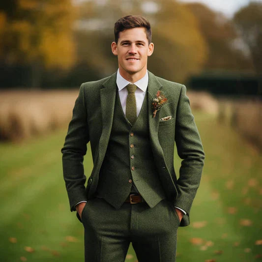 Men's wedding three-piece suit olive green