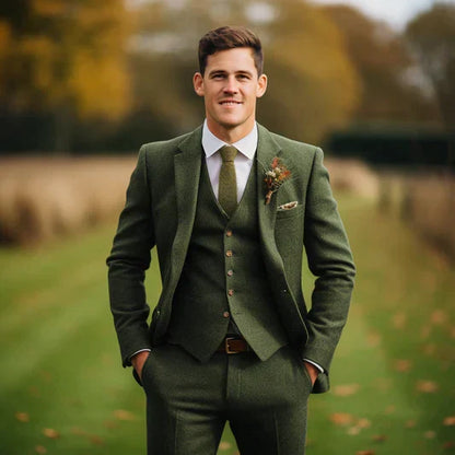 Men's wedding three-piece suit olive green