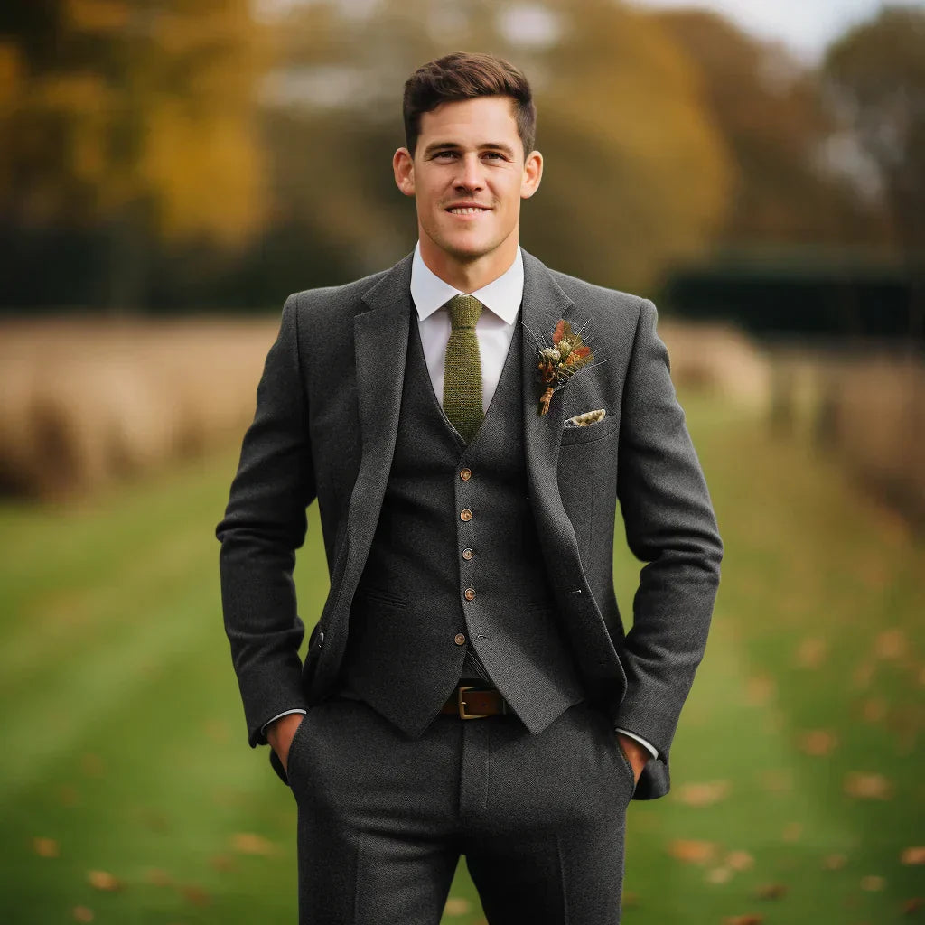Men's wedding three-piece suit olive green