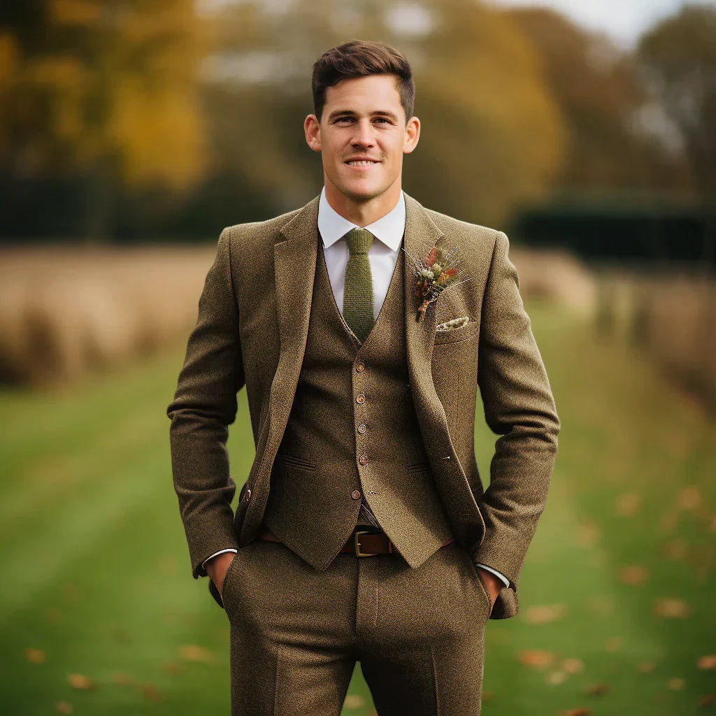 Men's wedding three-piece suit olive green