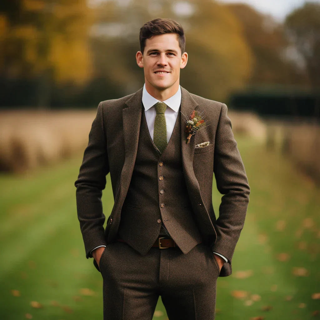 Men's wedding three-piece suit olive green