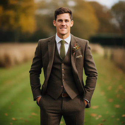 Men's wedding three-piece suit olive green