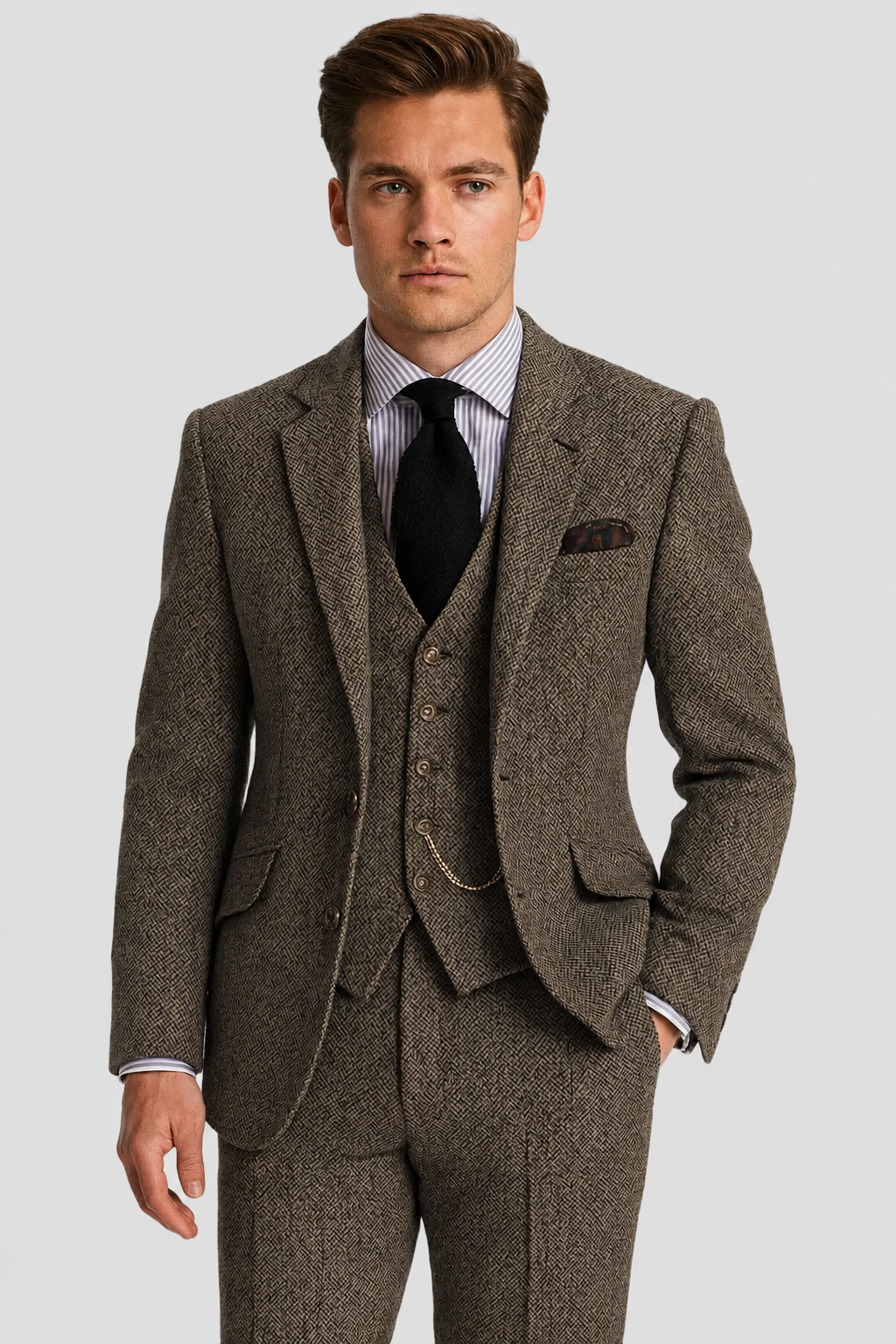 Men formal three-piece suit pocket watch chain tweed