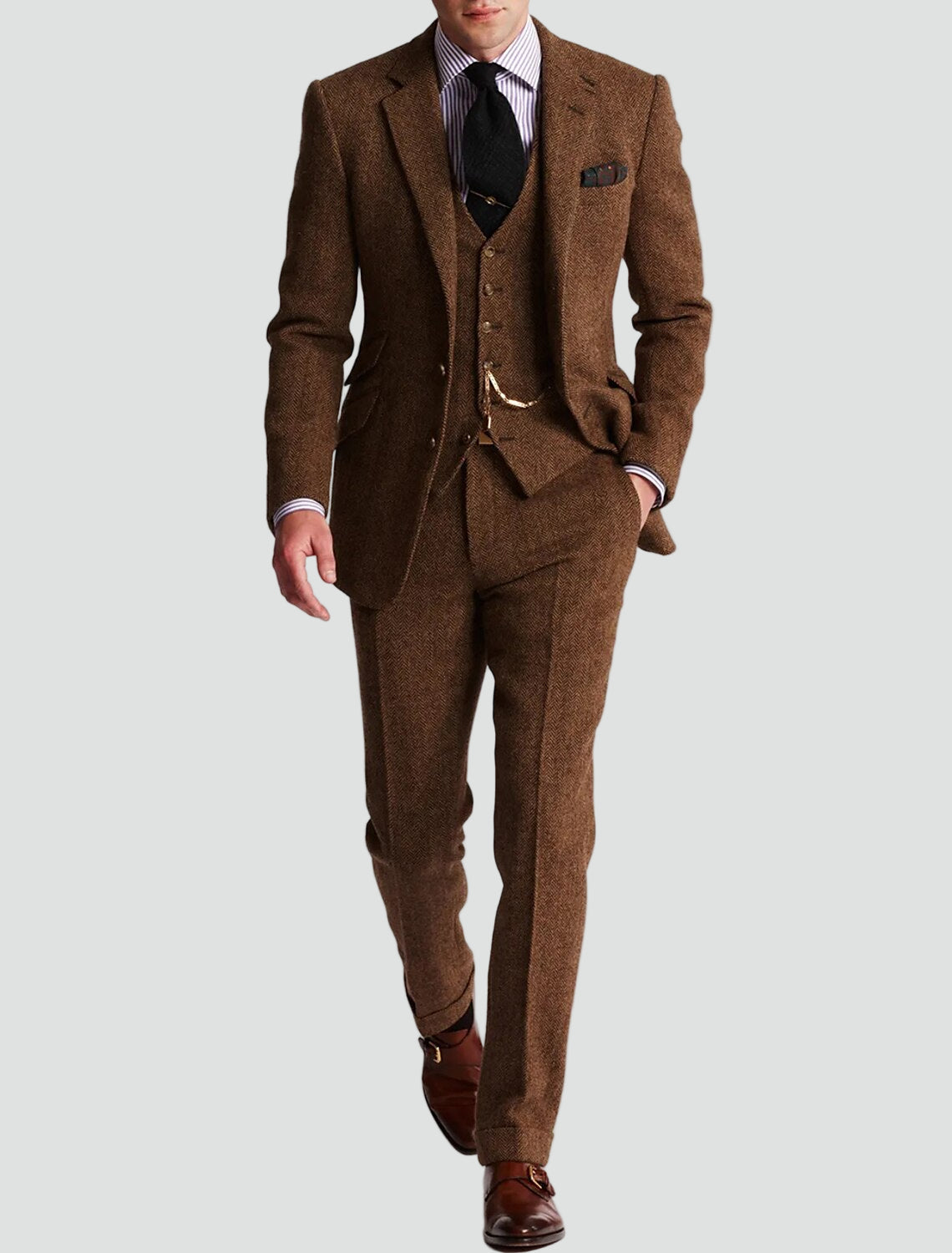 Men formal three-piece suit pocket watch chain tweed