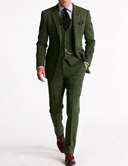 Men formal three-piece suit pocket watch chain tweed