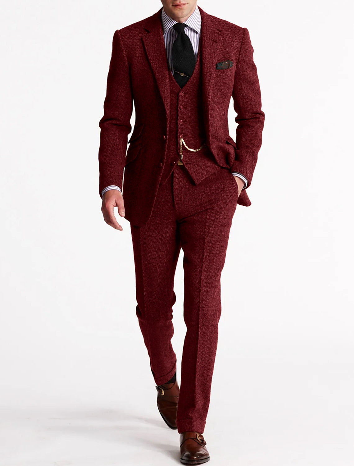 Men formal three-piece suit pocket watch chain tweed