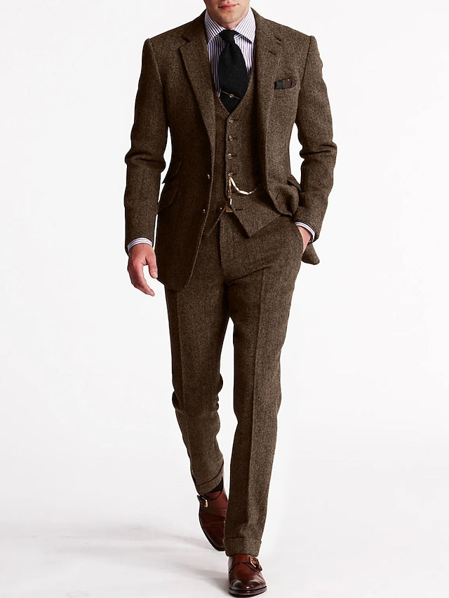 Men formal three-piece suit pocket watch chain tweed