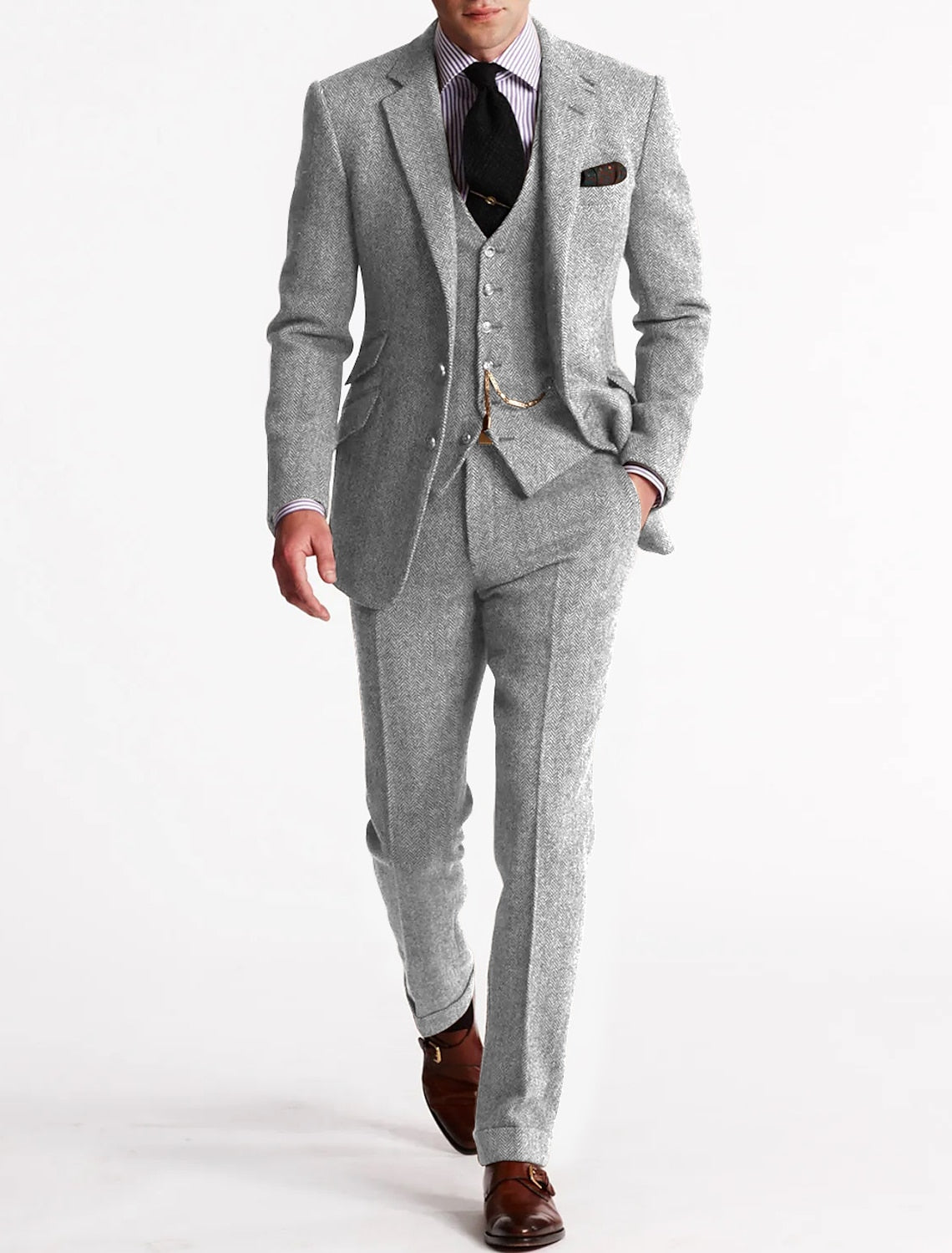 Men formal three-piece suit pocket watch chain tweed