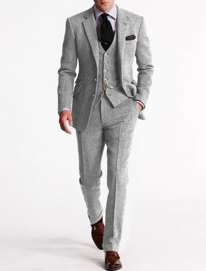 Men formal three-piece suit pocket watch chain tweed
