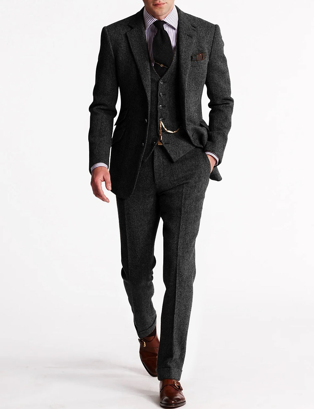 Men formal three-piece suit pocket watch chain tweed