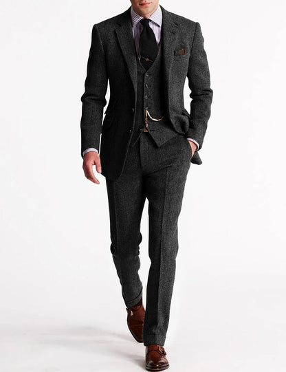Men formal three-piece suit pocket watch chain tweed