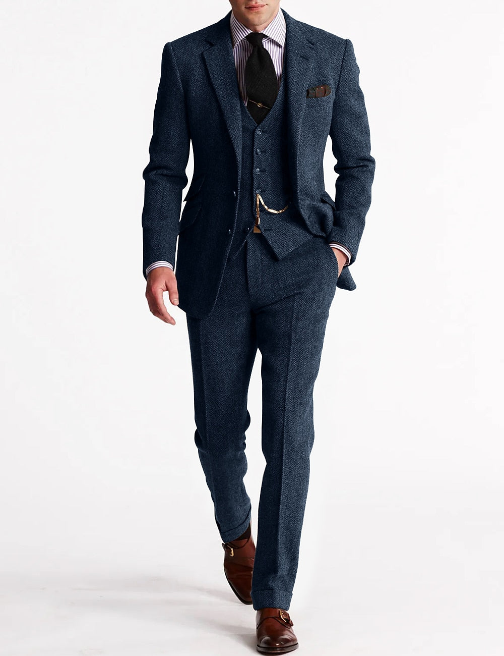 Men formal three-piece suit pocket watch chain tweed