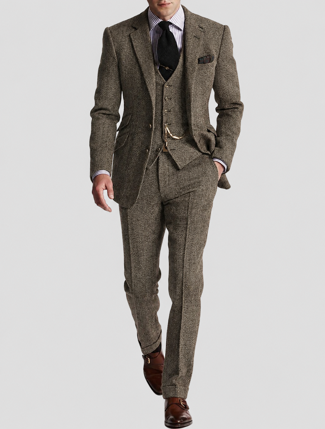 Men formal three-piece suit pocket watch chain tweed