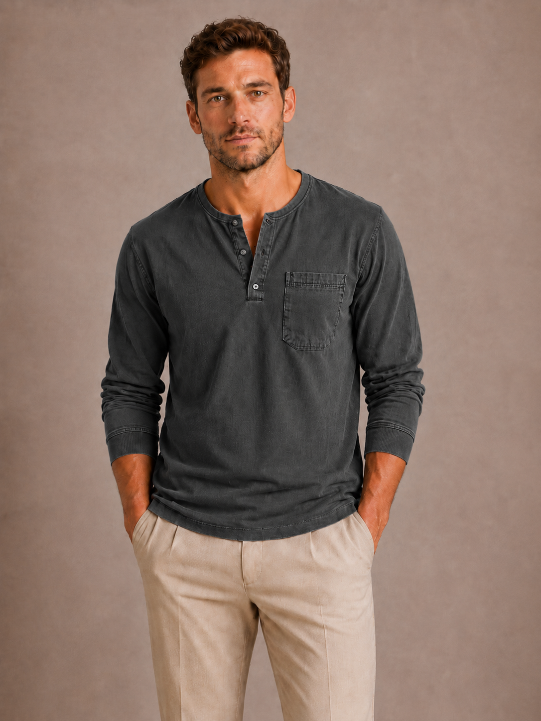 LONG-SLEEVE HENLEY SHIRT FOR MEN