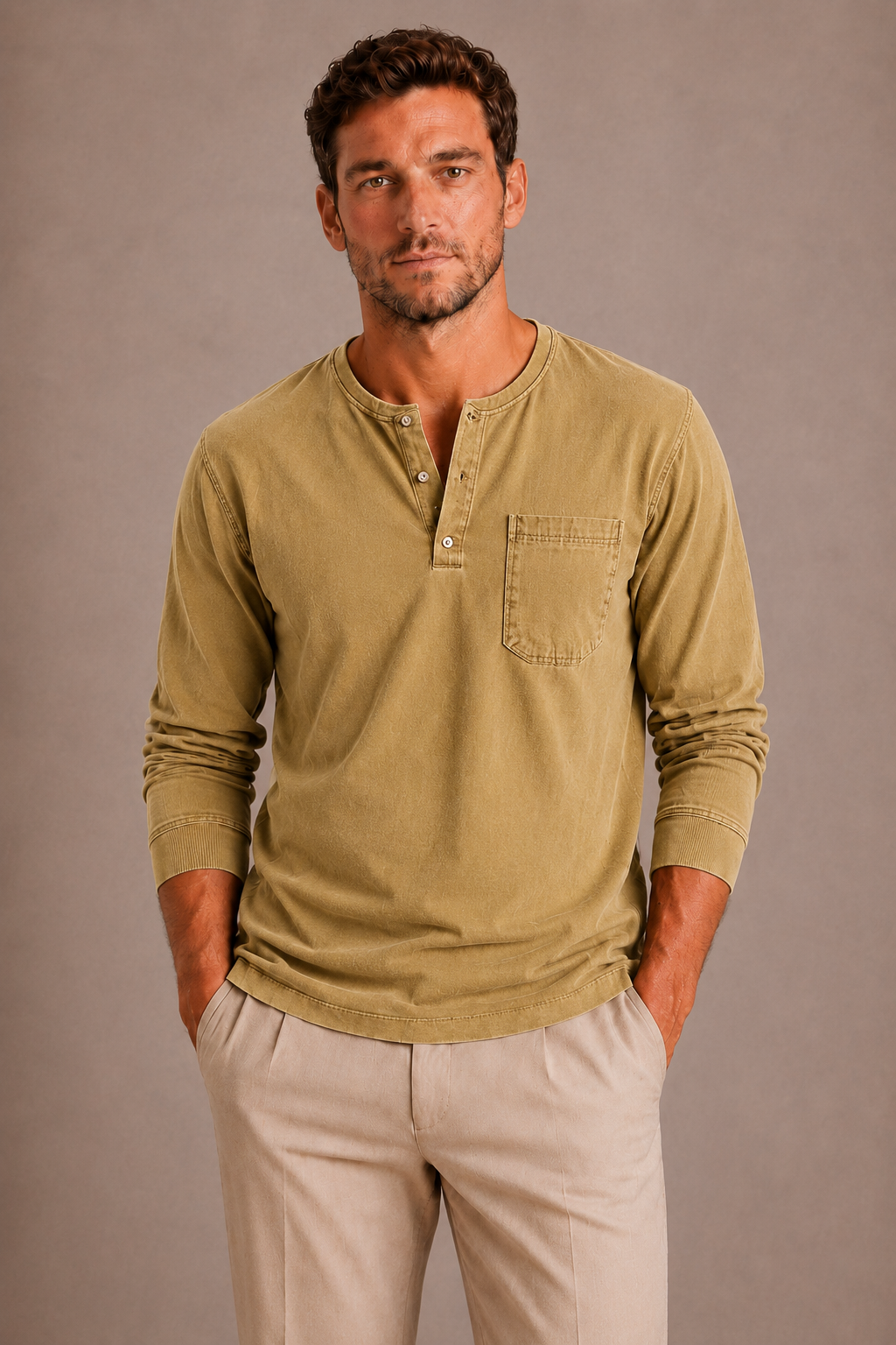 LONG-SLEEVE HENLEY SHIRT FOR MEN