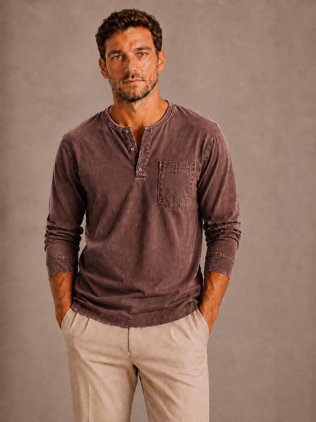 LONG-SLEEVE HENLEY SHIRT FOR MEN