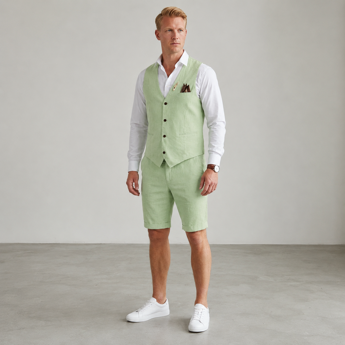 Linen Vest And Shorts Set For Men