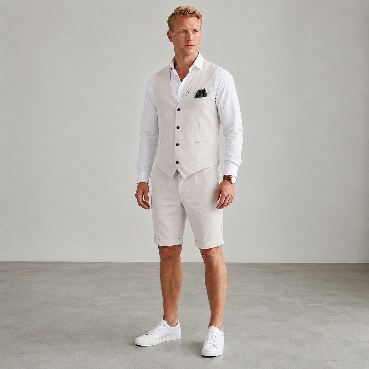 Linen Vest And Shorts Set For Men