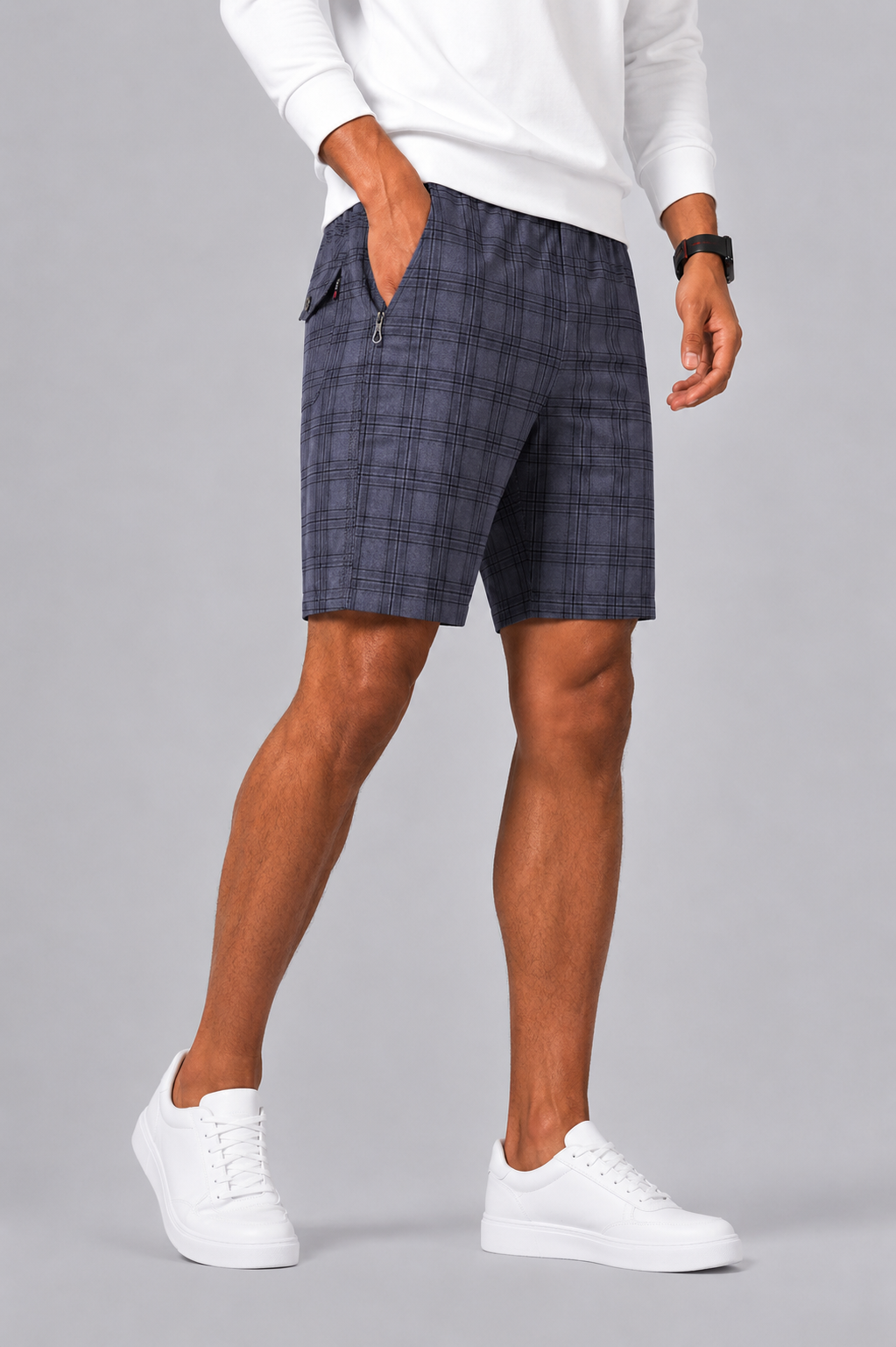Checkered Drawstring Shorts with Zip Pocket For Men