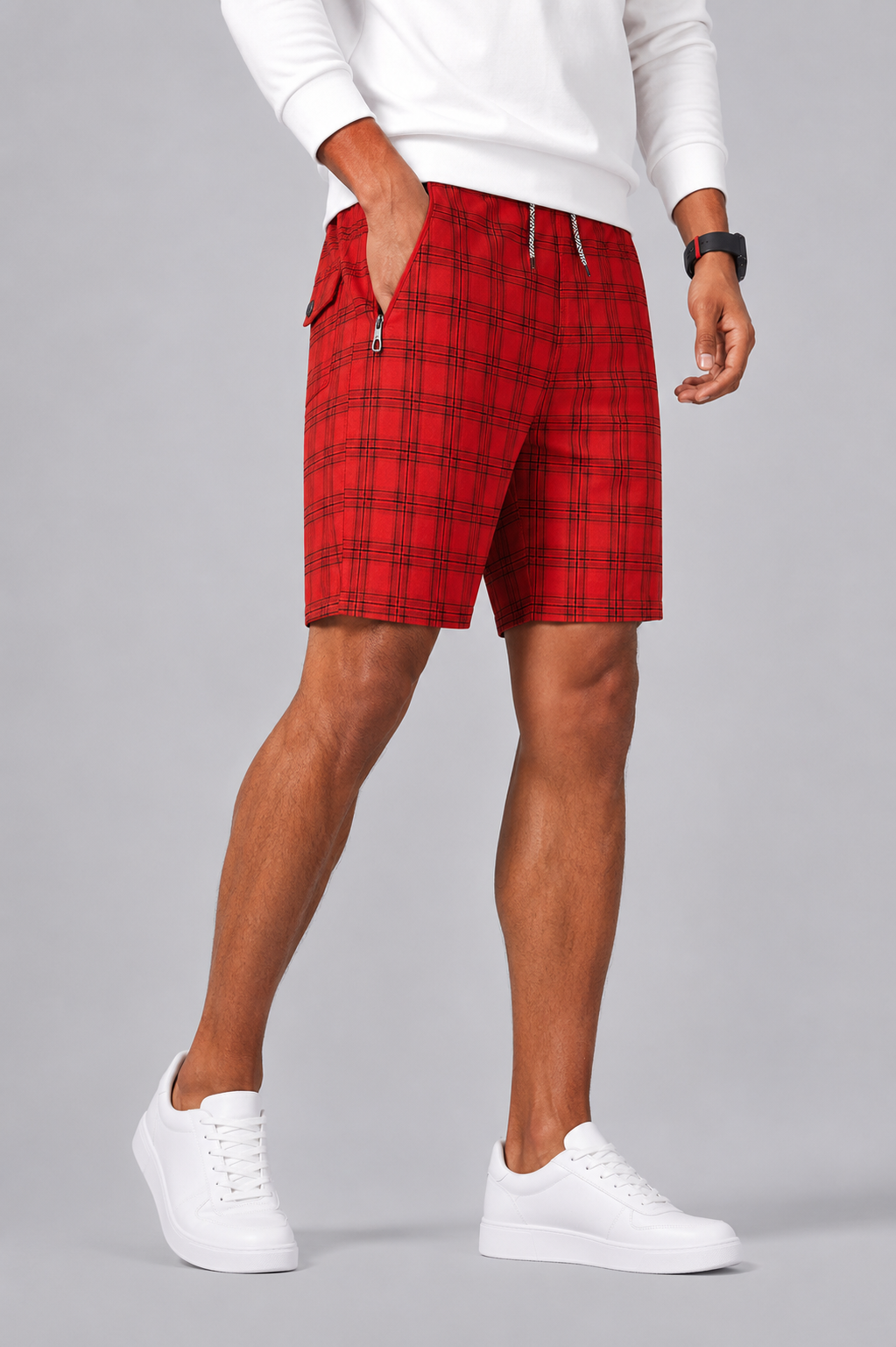 Checkered Drawstring Shorts with Zip Pocket For Men