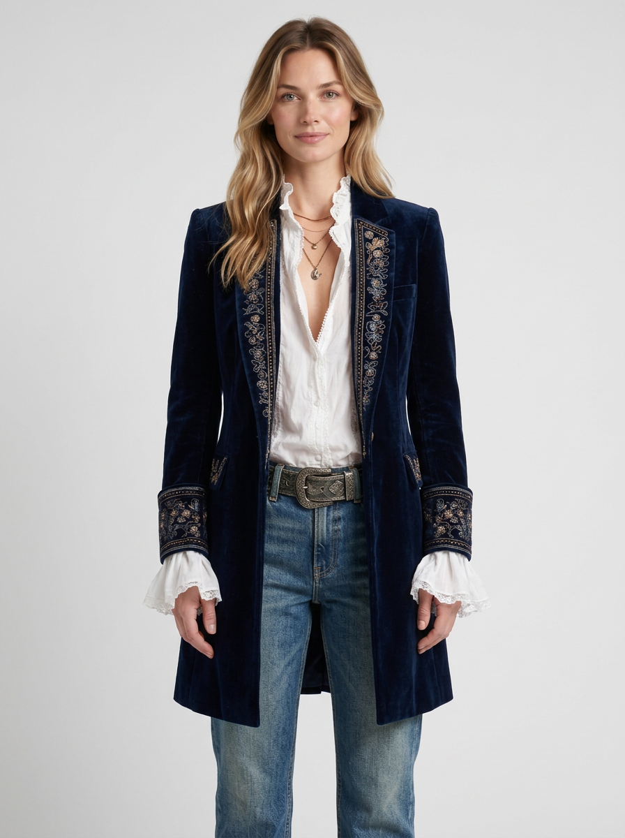Vintage Navy Blue Embroidered Long Jacket For Women