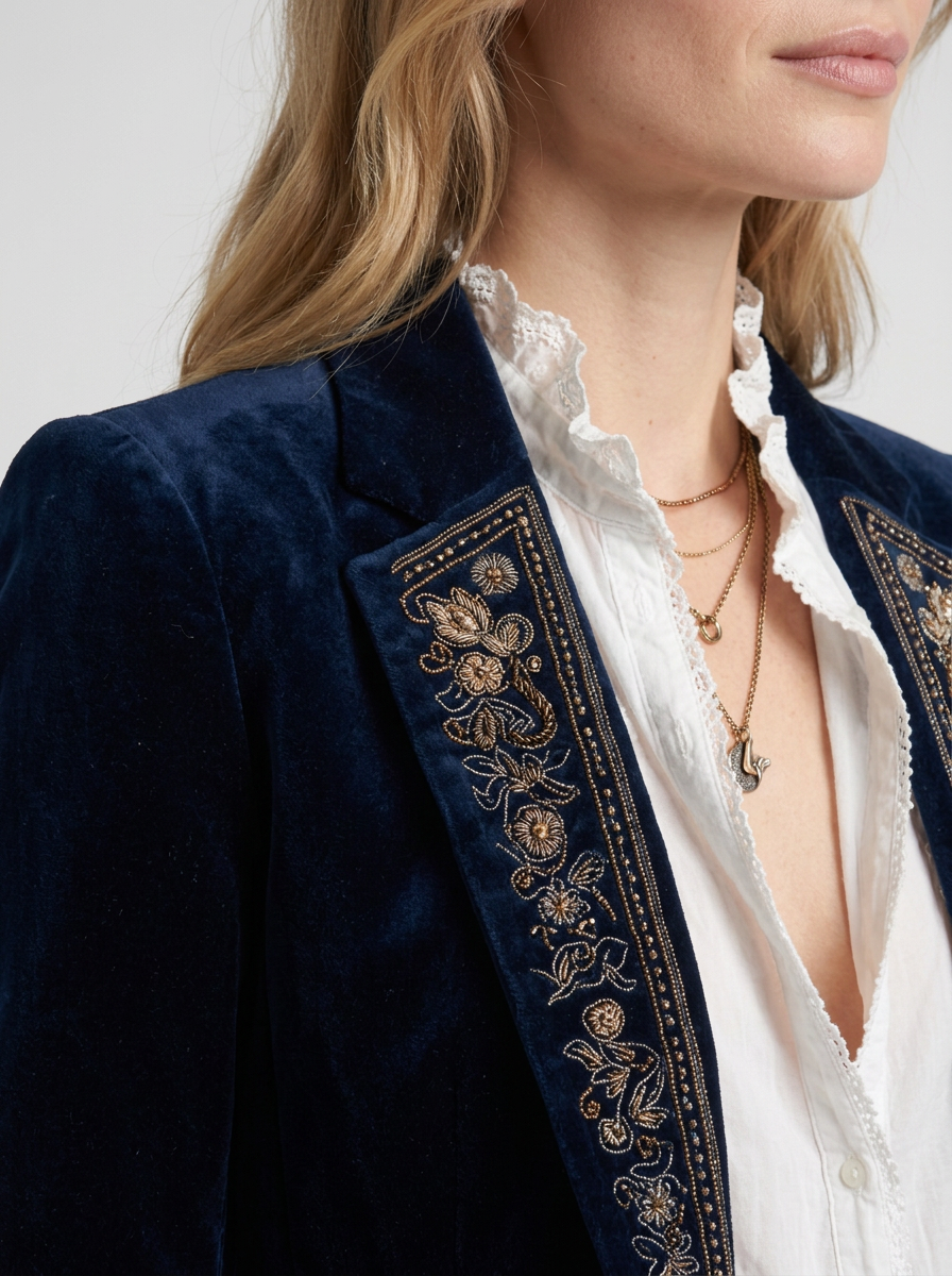 Vintage Navy Blue Embroidered Long Jacket For Women