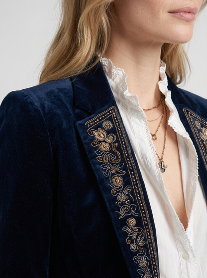 Vintage Navy Blue Embroidered Long Jacket For Women