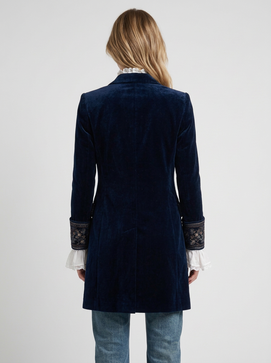 Vintage Navy Blue Embroidered Long Jacket For Women
