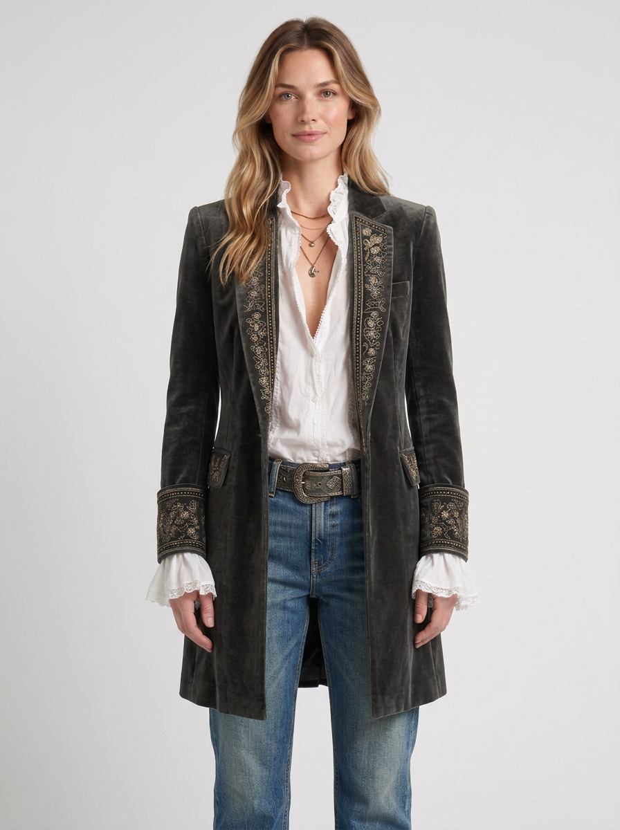 Vintage Navy Blue Embroidered Long Jacket For Women