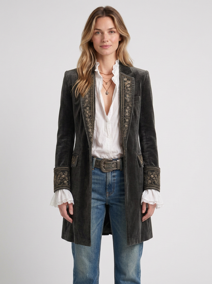 Vintage Navy Blue Embroidered Long Jacket For Women