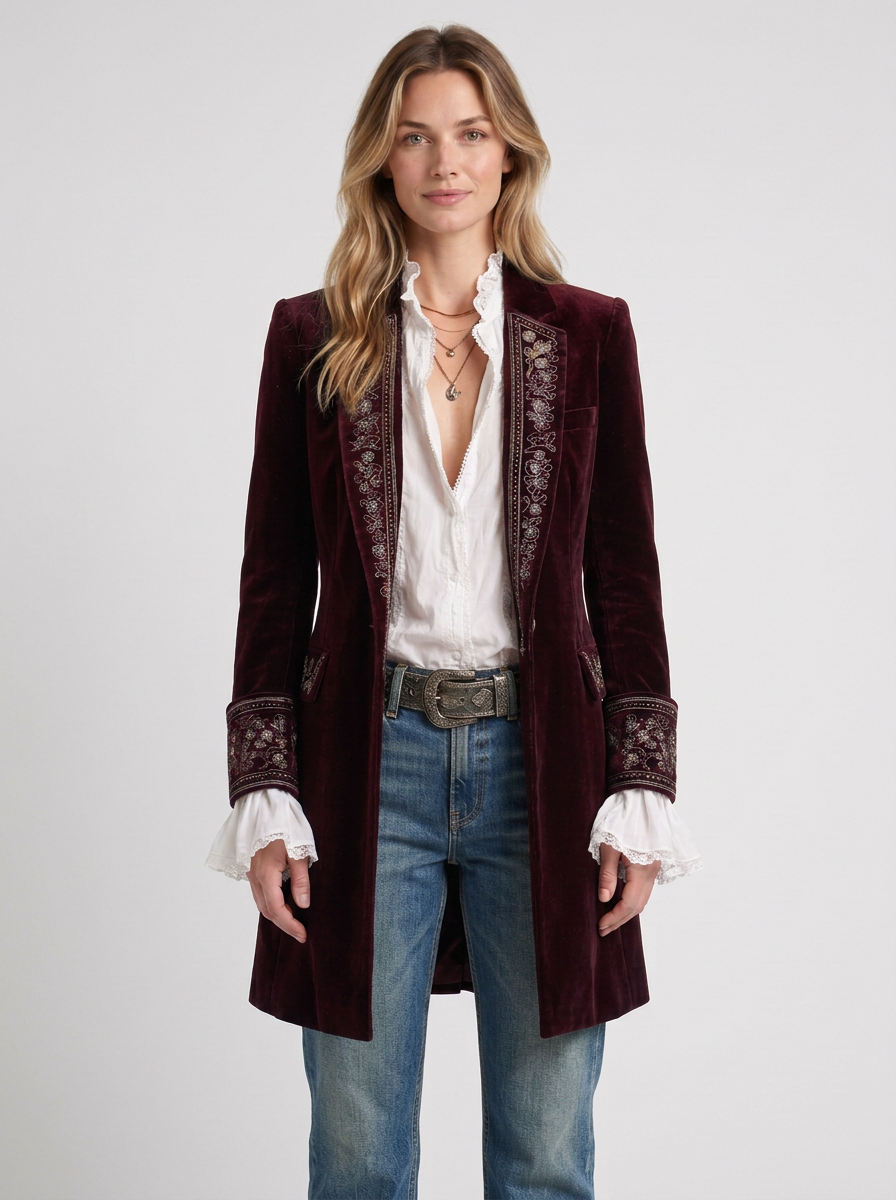 Vintage Navy Blue Embroidered Long Jacket For Women