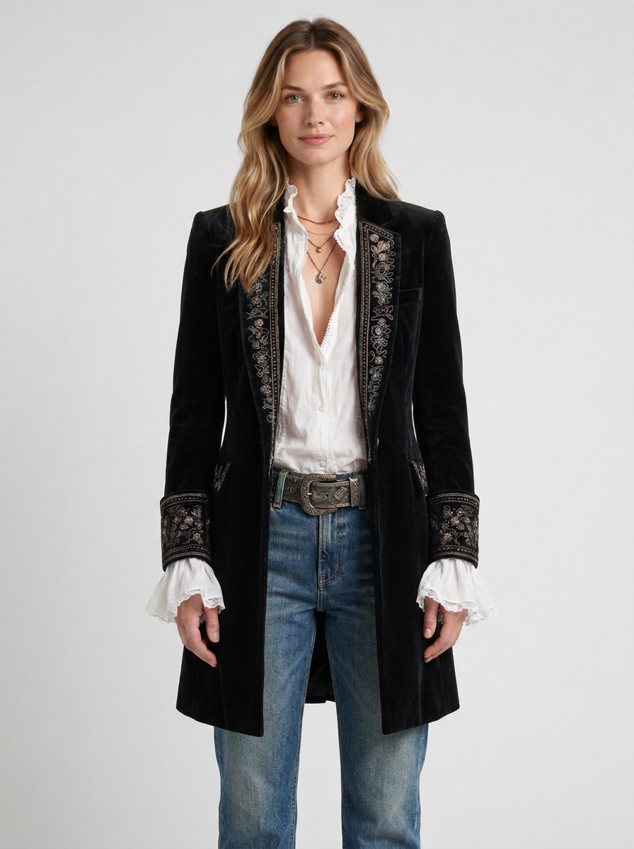 Vintage Navy Blue Embroidered Long Jacket For Women