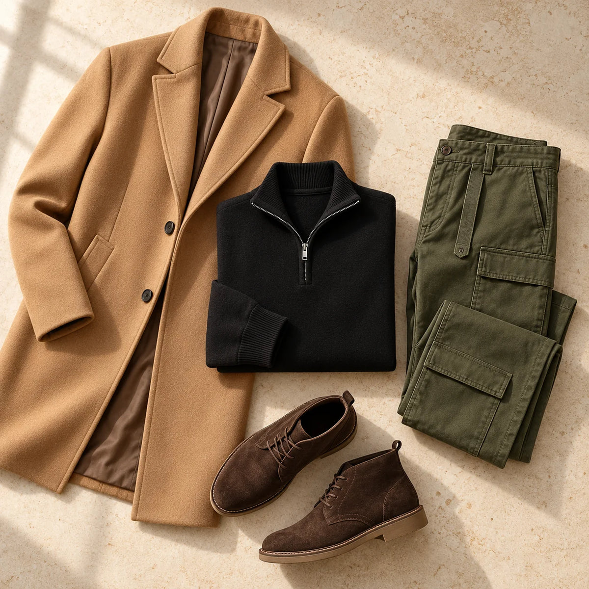 Camel overcoat, black half-zip sweater, olive cargo trousers and brown boots arranged on warm stone
