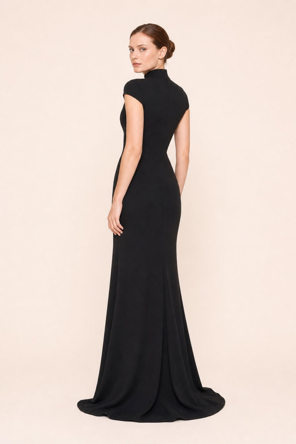 Emily black high-collar split gown - covered back view