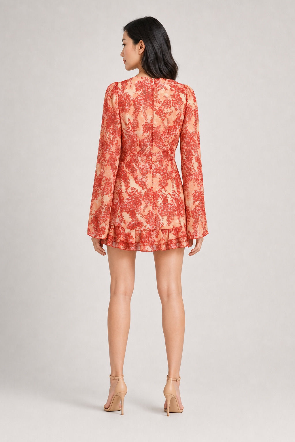 Natalie coral botanical chiffon mini dress - back view