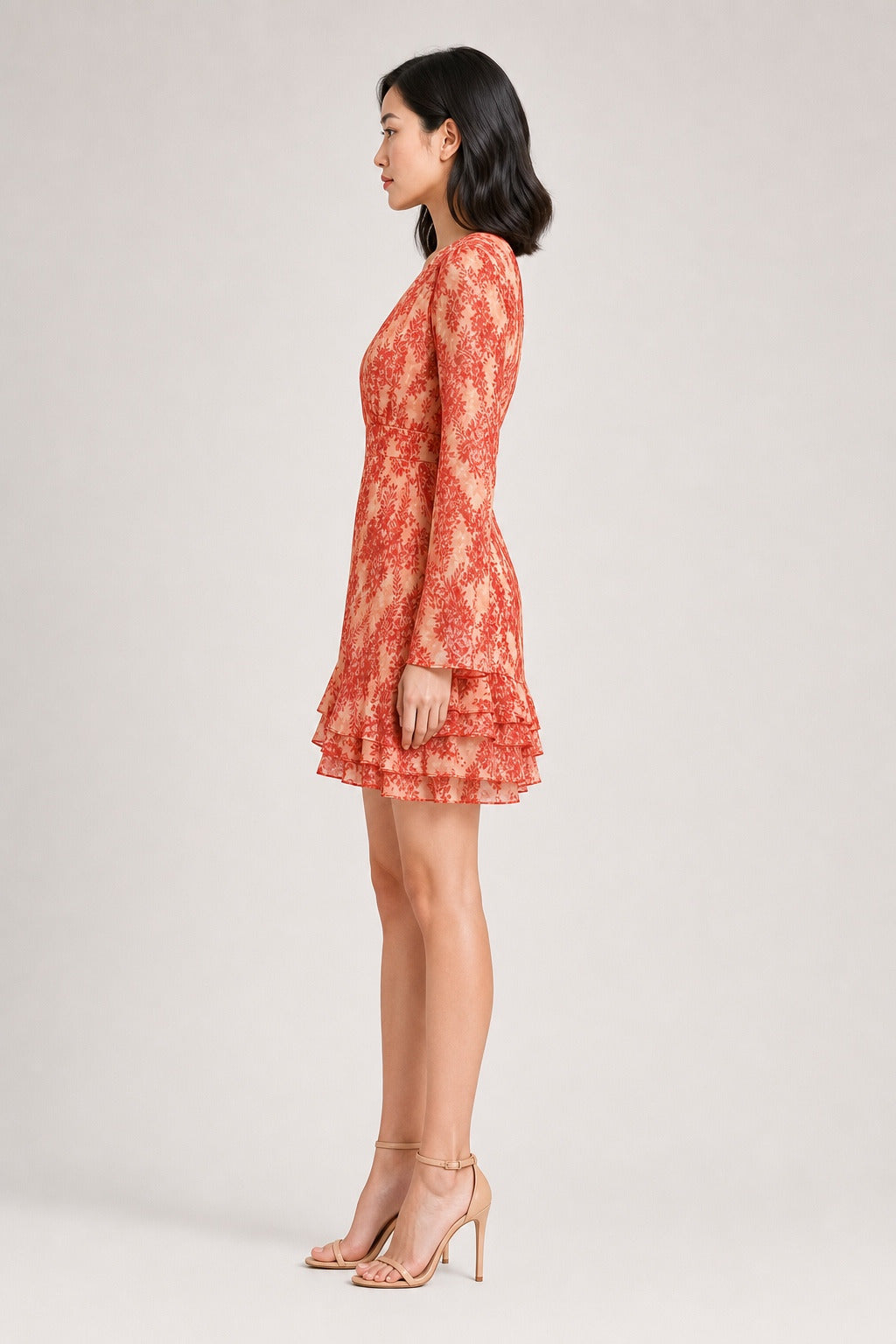 Natalie coral botanical chiffon mini dress - side view