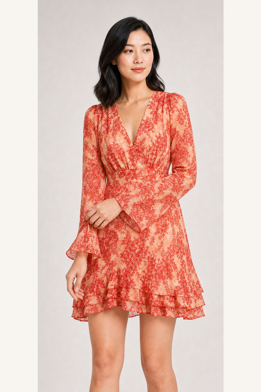 Natalie coral botanical chiffon mini dress - print and ruffle detail