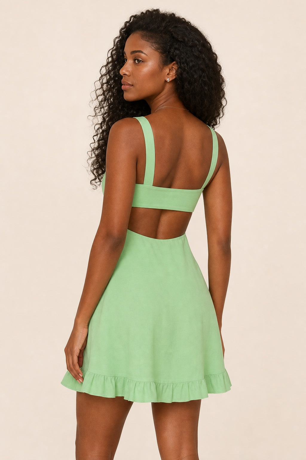Scarlett cutout-back ruffle mini dress in green - back construction detail