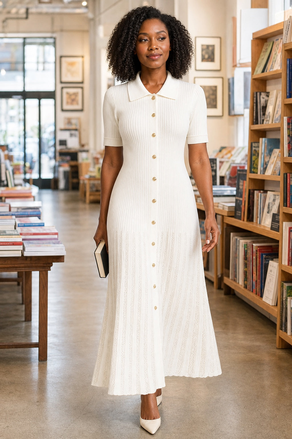 Julia ivory rib-knit button-front maxi dress - bookstore lifestyle
