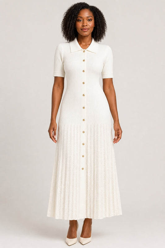 Julia ivory rib-knit button-front maxi dress - studio front view