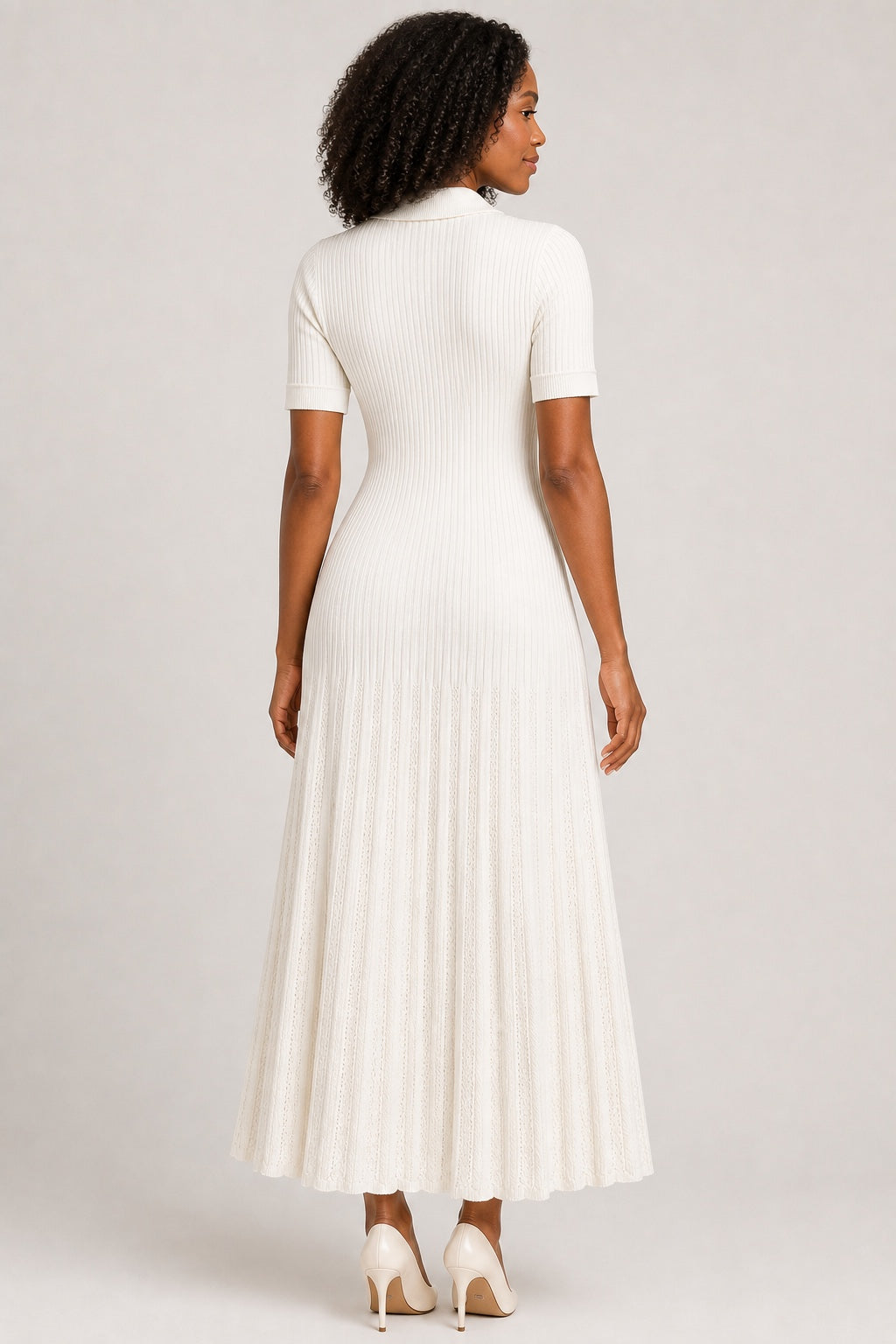 Julia ivory rib-knit button-front maxi dress - studio back view