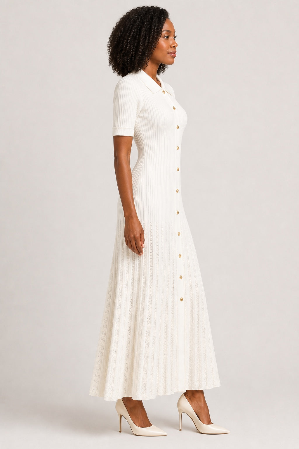 Julia ivory rib-knit button-front maxi dress - studio side view
