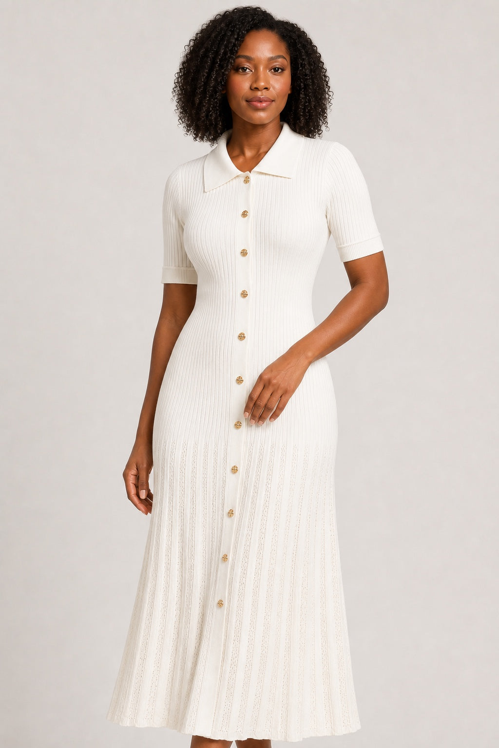 Julia ivory rib-knit button-front maxi dress - collar button and knit detail