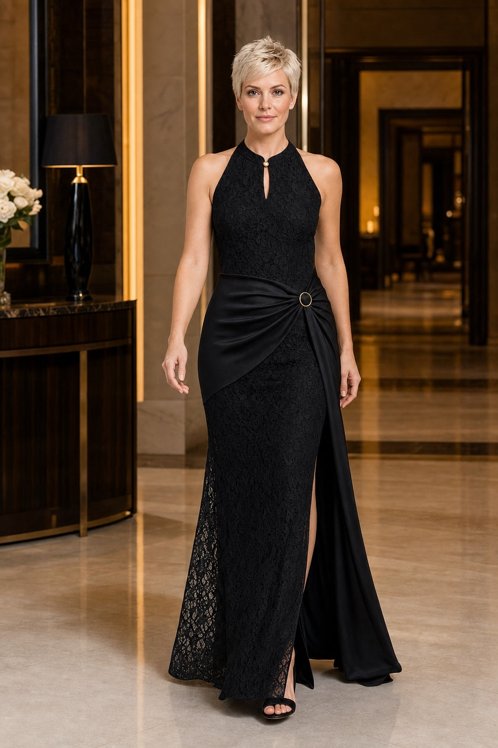 Allison black lace and satin draped maxi dress - hotel foyer lifestyle
