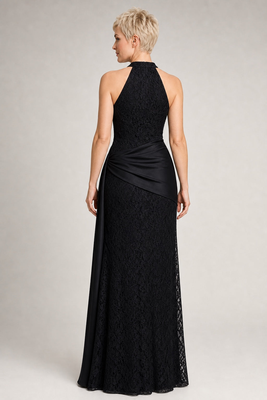 Allison black lace and satin draped maxi dress - studio back view